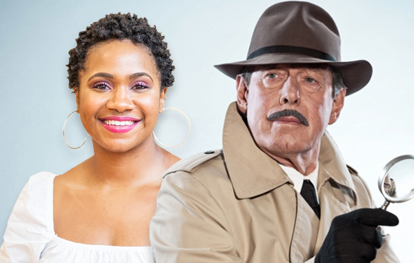 A grizzled detective with a beige coat, magnifying glass, mustache, and brown fedora appears against a white background, looking for his next clue. Behind him is his wife, a beautiful black woman with a white shirt and hoop earrings, whose smile could light up a room.