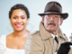 A grizzled detective with a beige coat, magnifying glass, mustache, and brown fedora appears against a white background, looking for his next clue. Behind him is his wife, a beautiful black woman with a white shirt and hoop earrings, whose smile could light up a room.