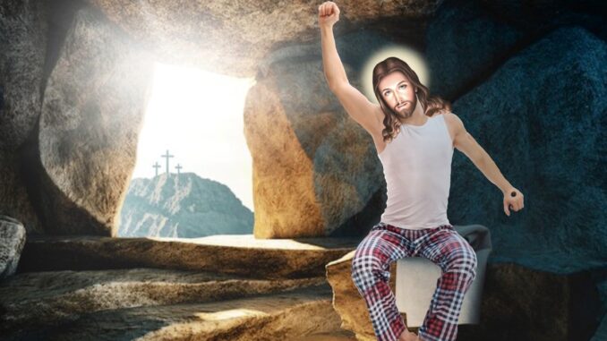 Jesus in a cave waking up