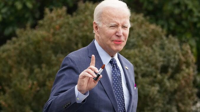 President Biden holding lipstick and wearing lipstick.
