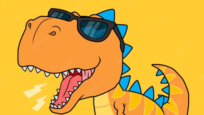 Cartoon dinosaur wearing sunglasses and playing the electric guitar.
