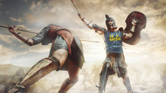 Gladiator in UCLA garb slays a USC gladiator