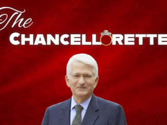 gene block on red background with the text "the chancellorette" above him