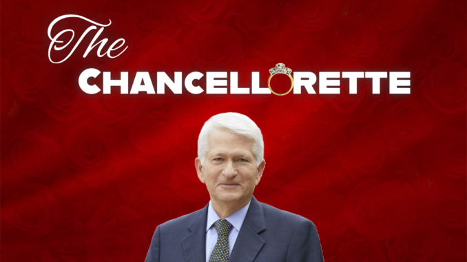 gene block on red background with the text "the chancellorette" above him