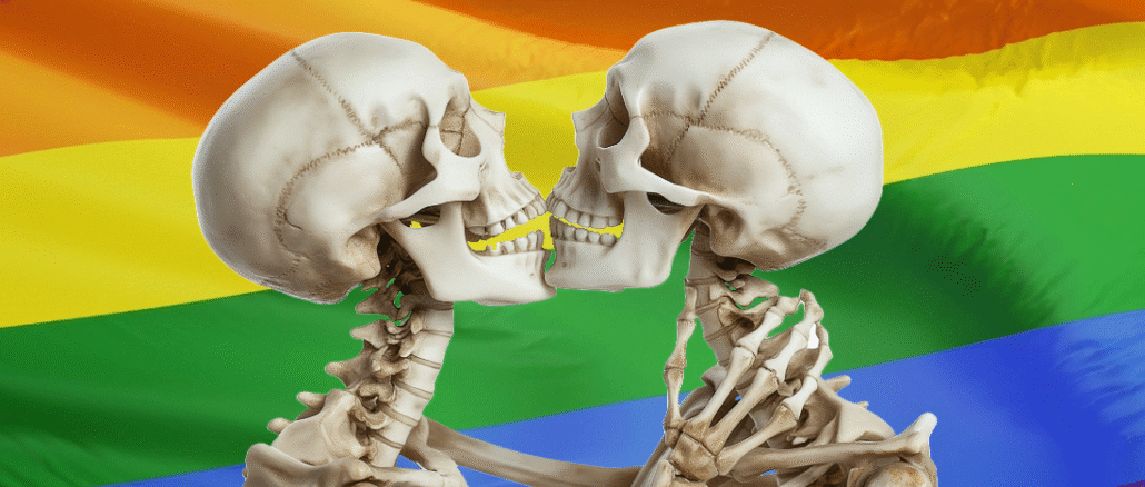 two skeletons kissing in front of a rainbow pride flag