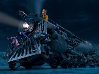 the polar express with multiple CGI children flying off of it.