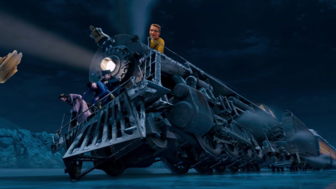 the polar express with multiple CGI children flying off of it.